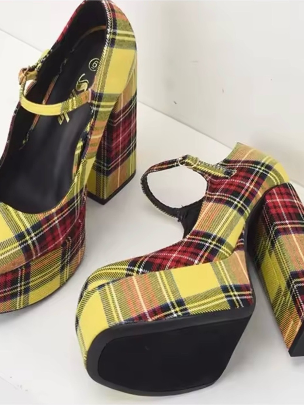 Yellow Plaid Platform Mary Jane Heels